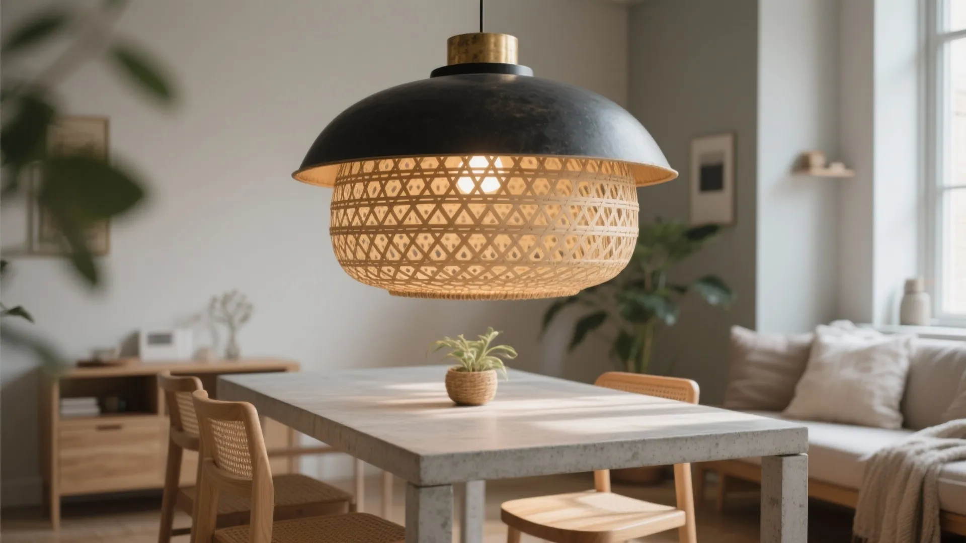 Woven ceiling light hanging over a stone dining table in a bright modern open living area