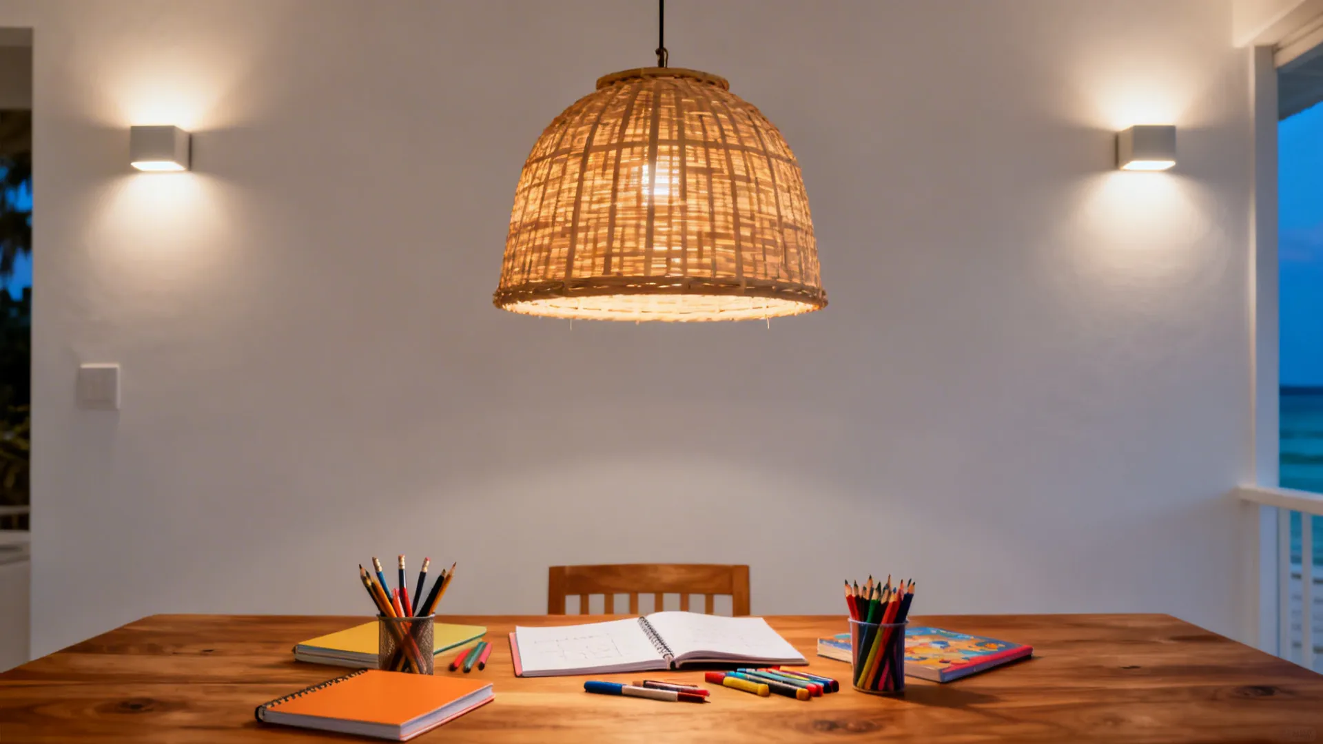 Wooden table with notebooks and pencils under a woven ceiling light between two wall lights