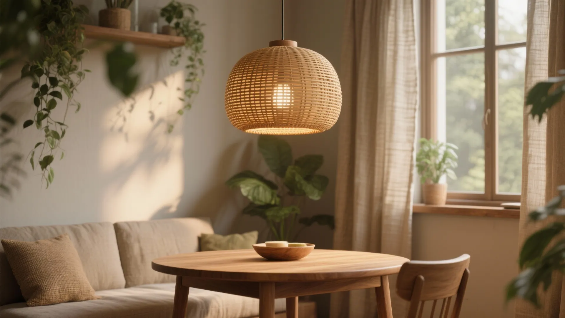 Warm wood and woven pendants for texture and comfort