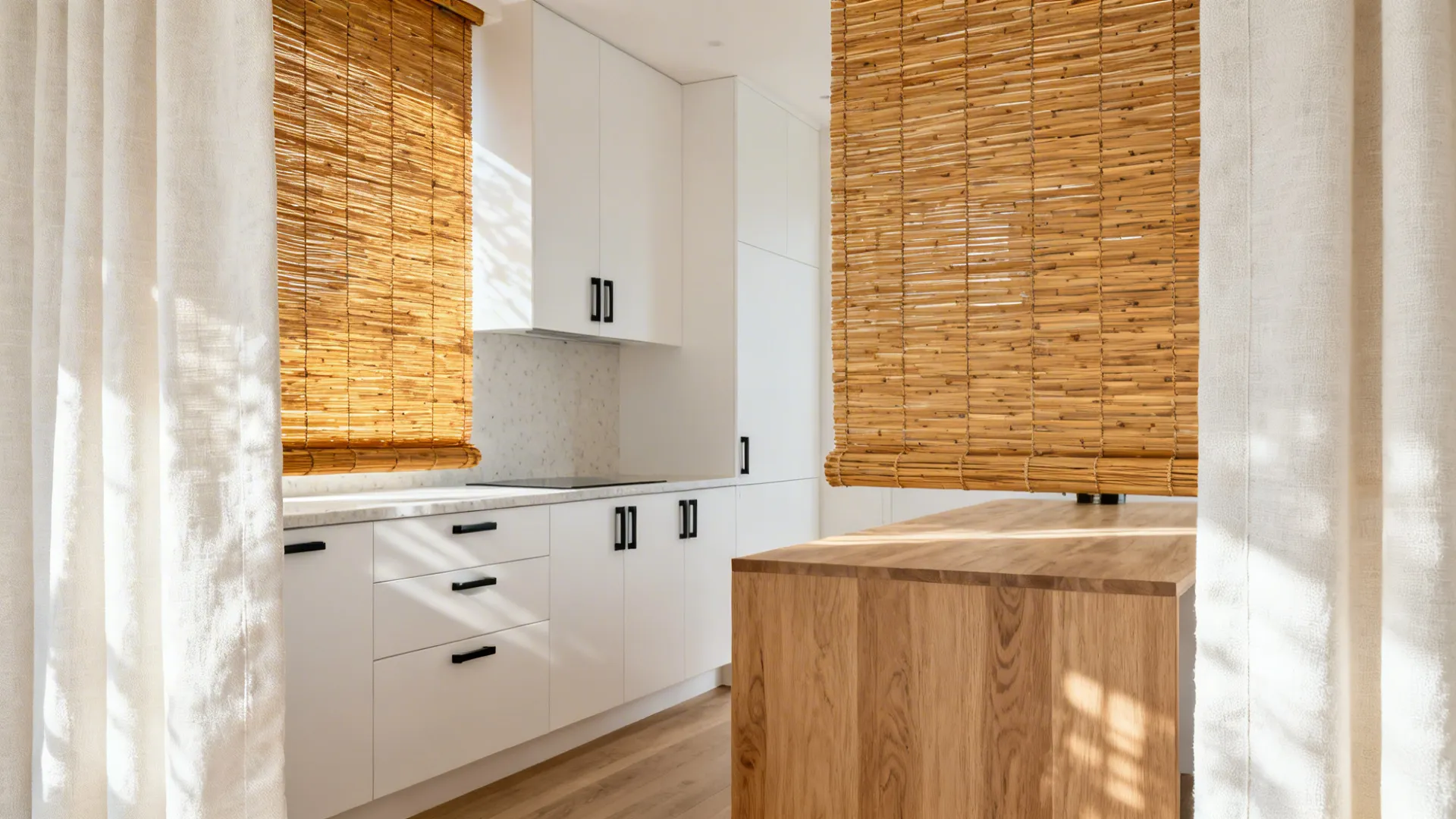 Galley kitchen window with a woven wood shade and narrow linen side panels in warm daylight.
