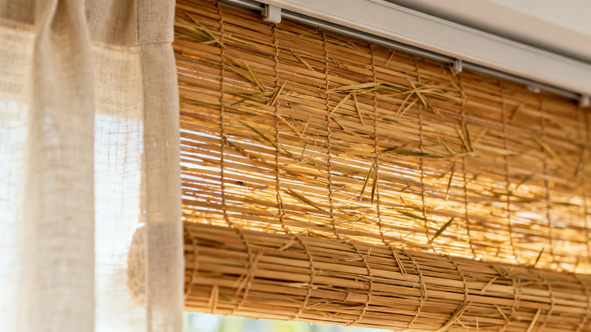 Macro of woven wood shade texture with adjacent light linen curtain.