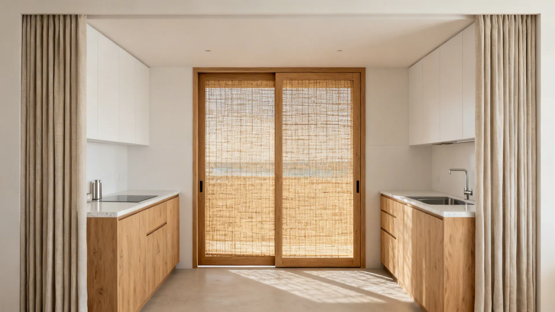 Small Japandi kitchen with woven wood shade and slim side curtains on sliding doors.