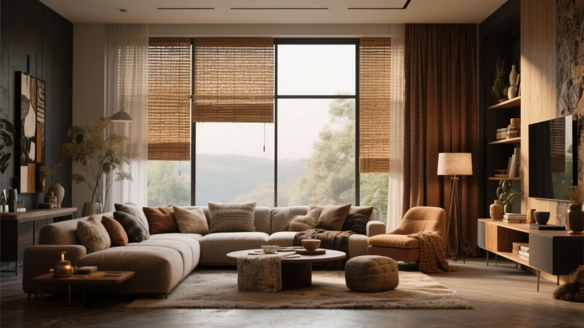 Cozy living room featuring bamboo window blinds beige sectional sofa wooden cabinet and a small footrest