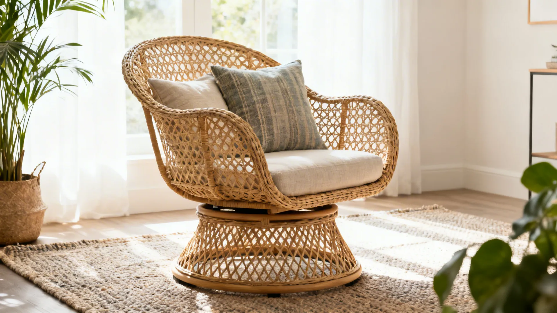 Indoor living room with a lightweight woven swivel chair and cushions for comfort.
