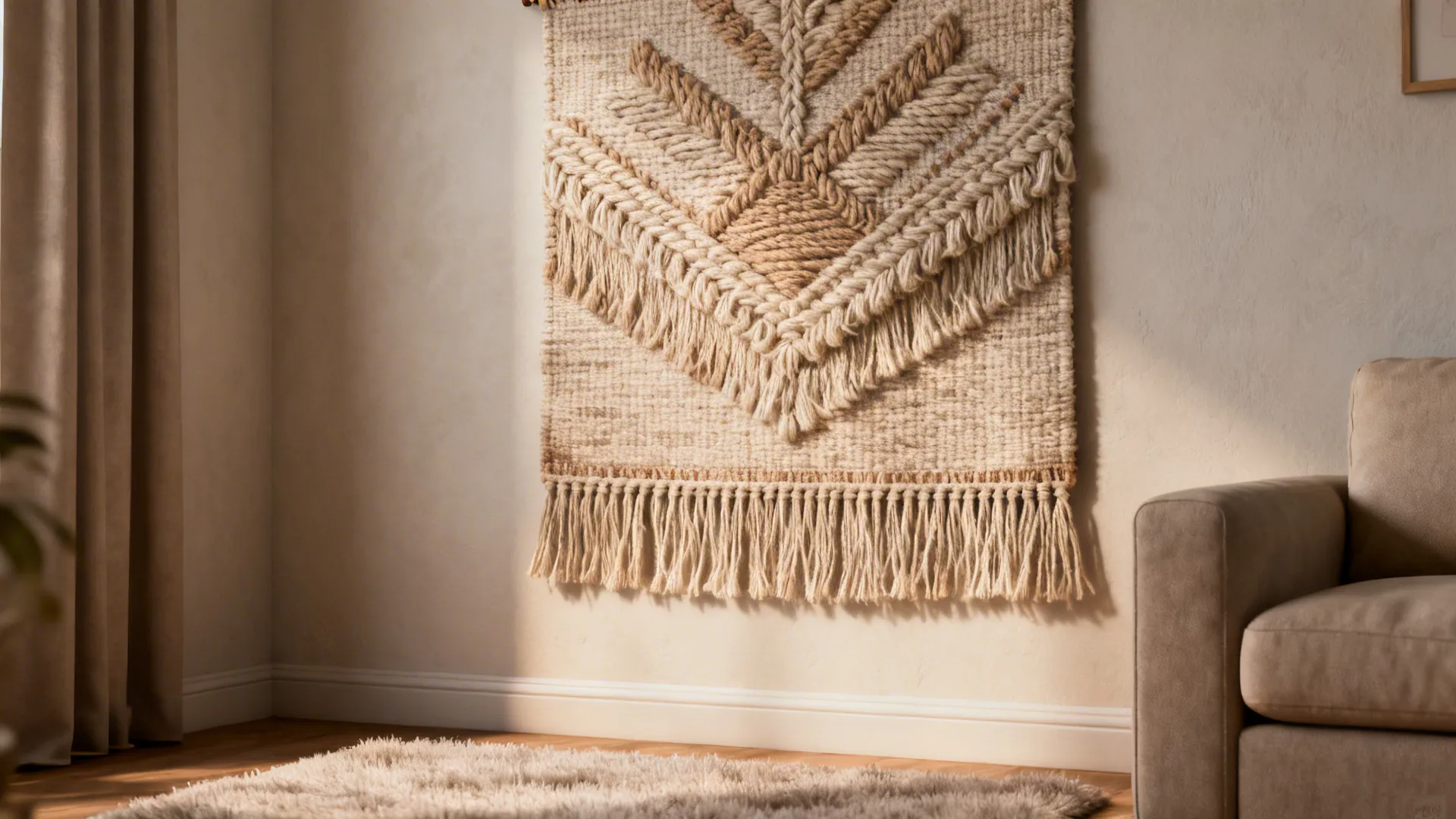 Textural woven tapestry adding warmth and sound absorption to a small living room wall.