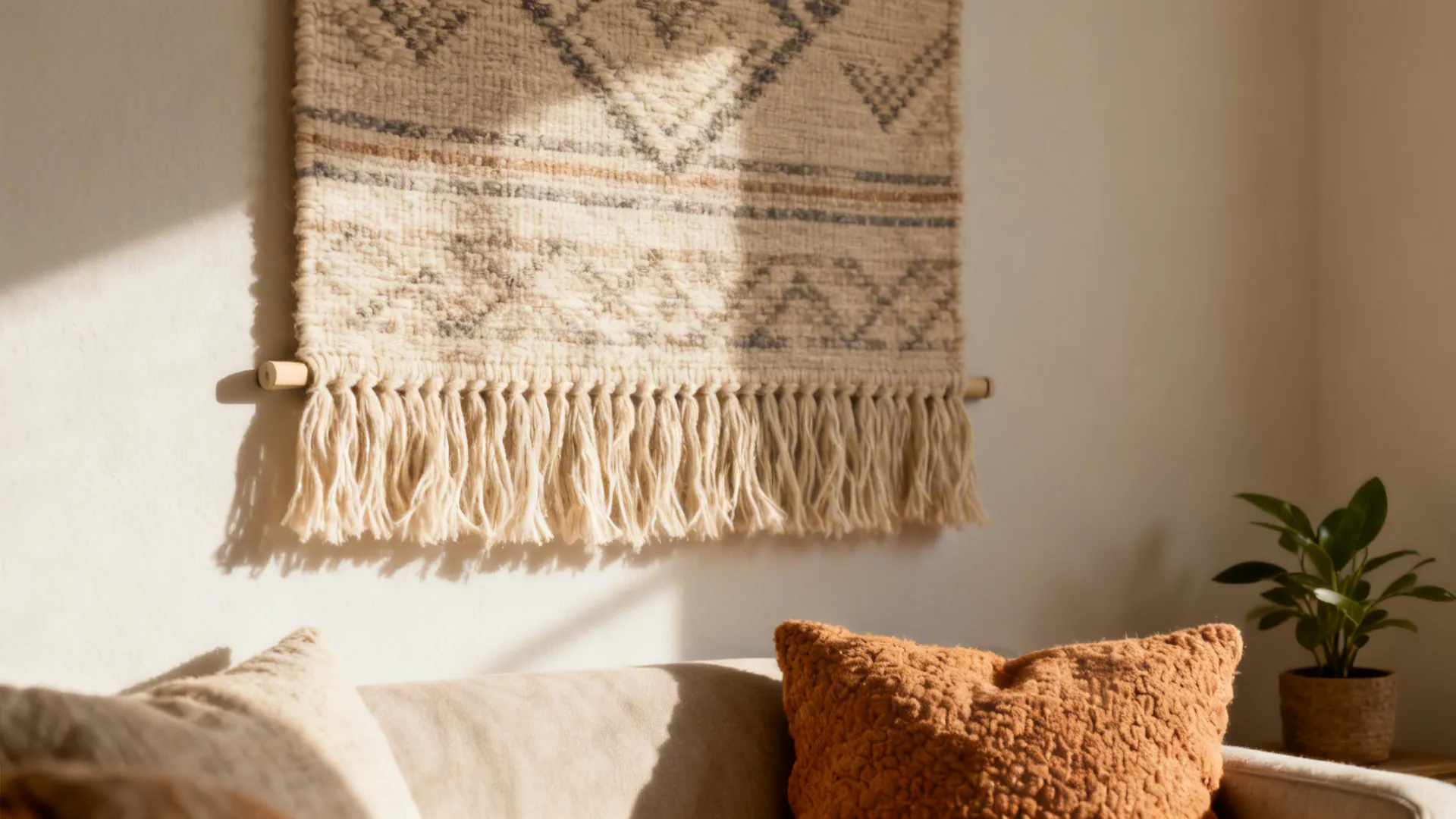 Tactile woven tapestry on a small living room wall, showing fiber texture and neutral palette.