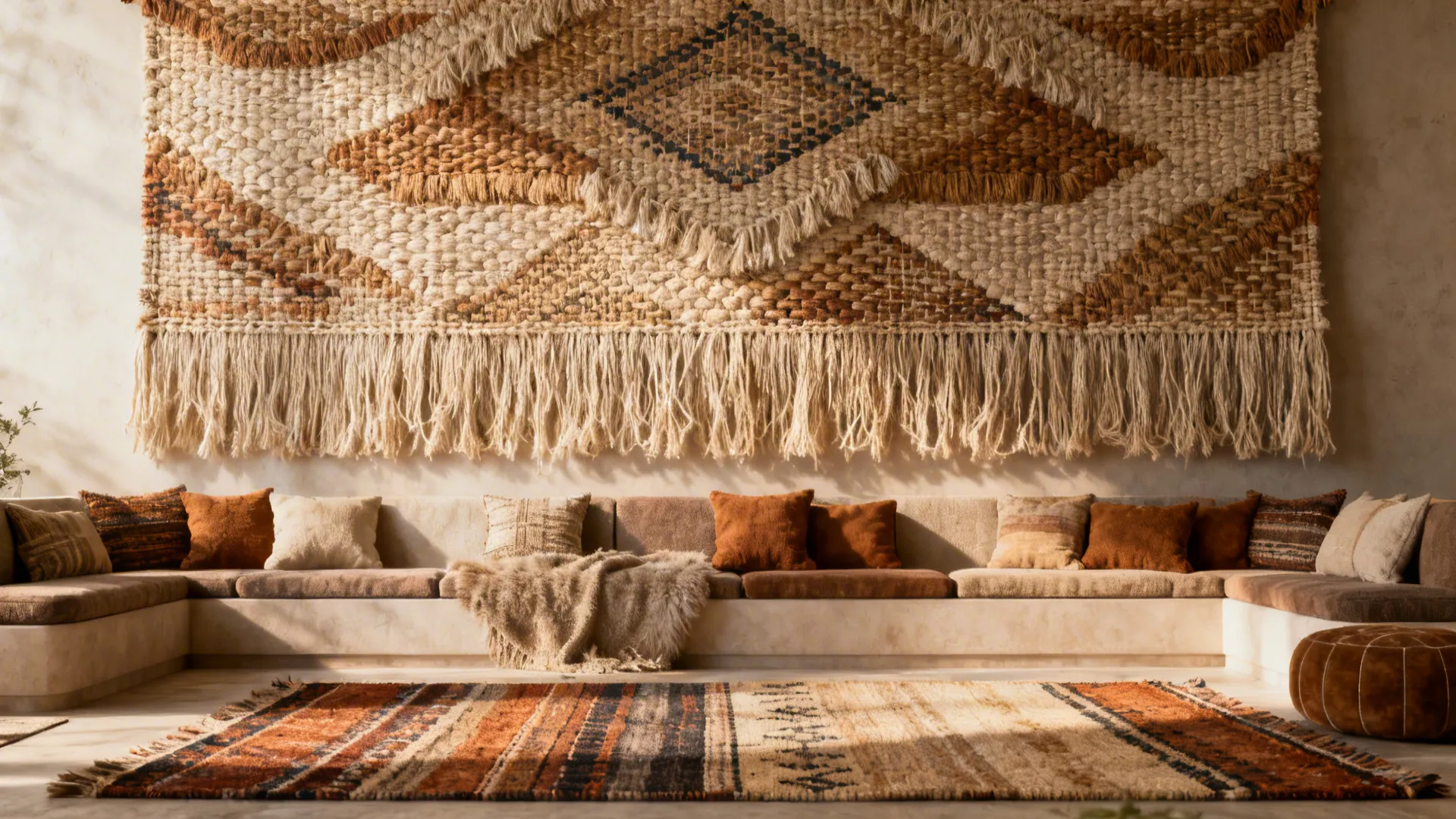Large woven textile wall hanging showing tactile fibers and warm tones above seating.
