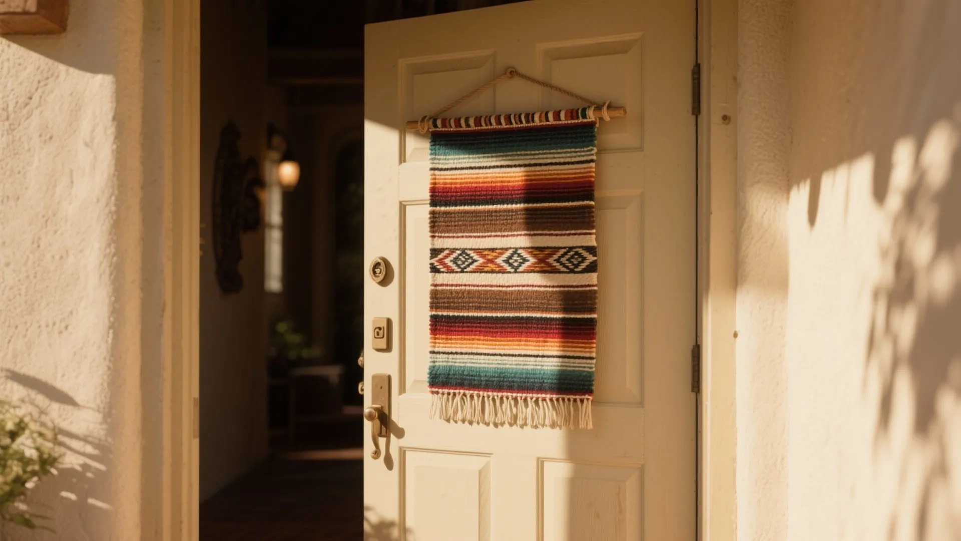 Colorful woven wall hanging with geometric patterns on a white wooden door in bright sunlight