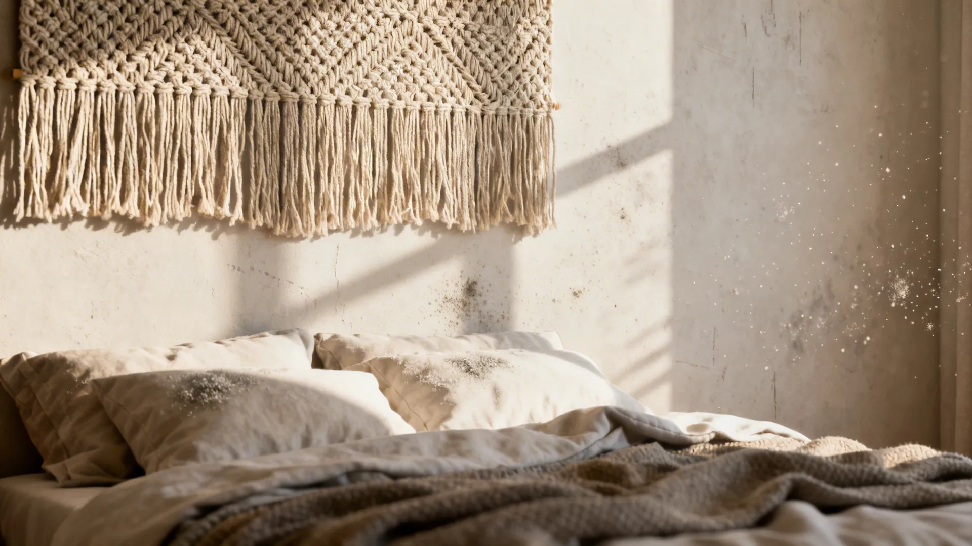 Bed with a large woven textile hanging above, adding cozy texture and warmth.