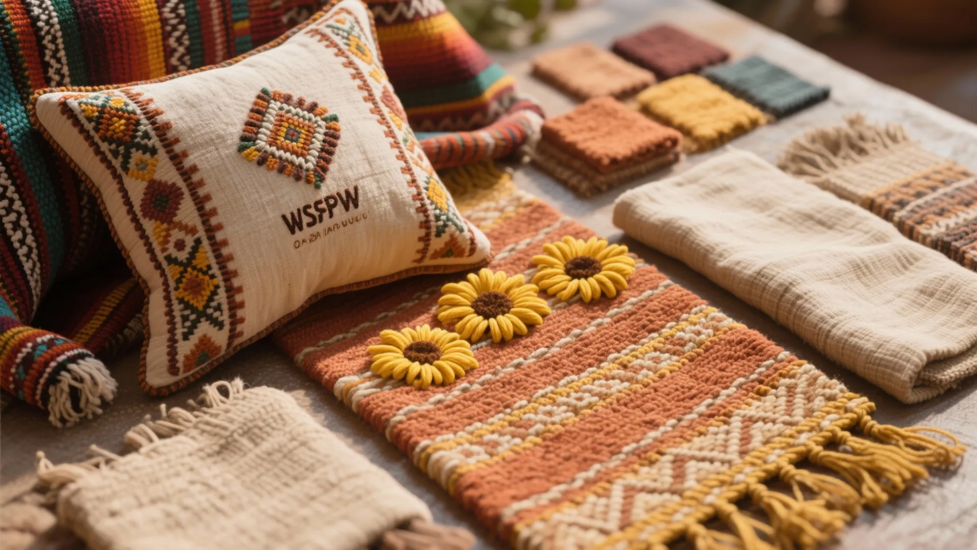 Collection of woven textiles including a patterned pillow and a small rug with yellow flowers