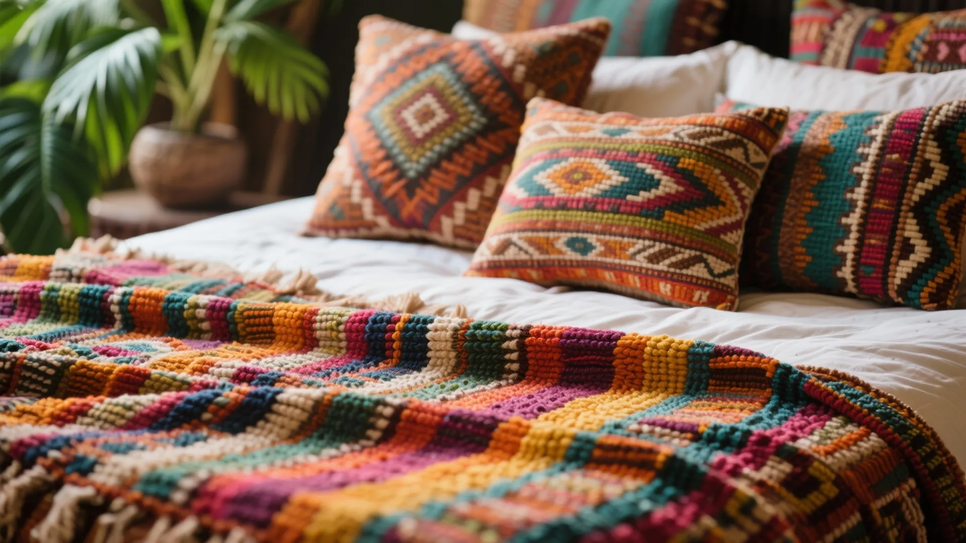 Colorful patterned throw pillows and woven blanket on white bed with green plant in background