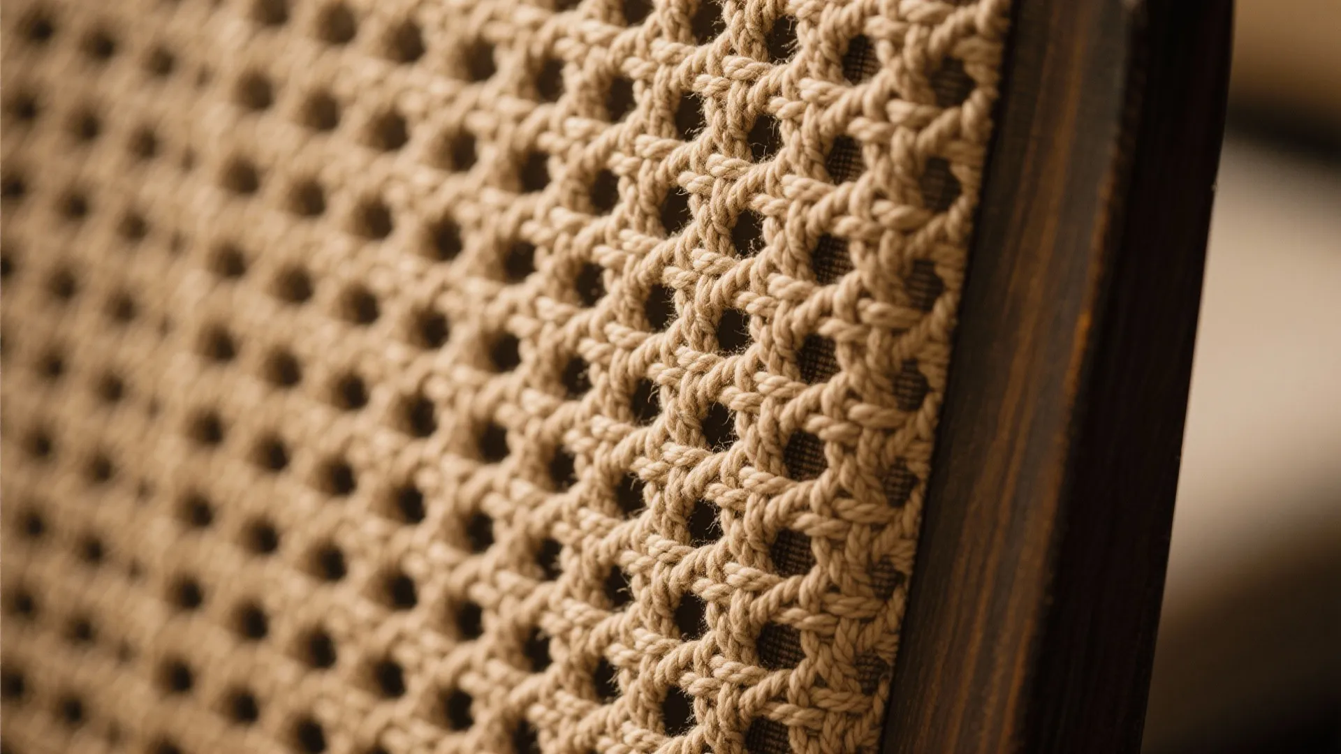 Close up of a woven brown rope chair back with dark wood frame and soft focus