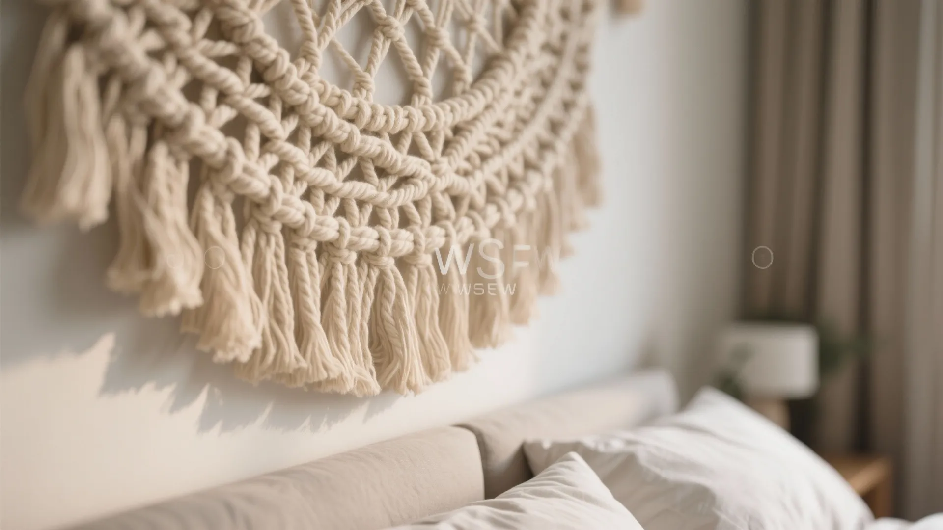 Close-up of a woven wall hanging above a bed