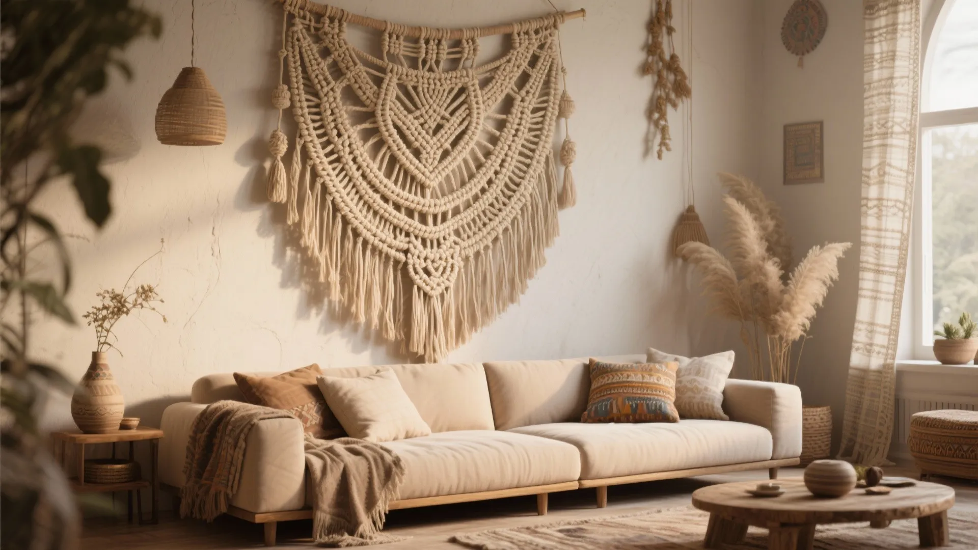 Macrame woven wall hanging above a sofa