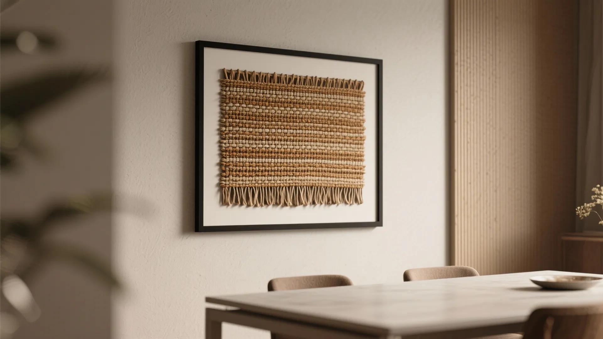 Framed woven wall art hanging above a dining table with chairs in a modern room