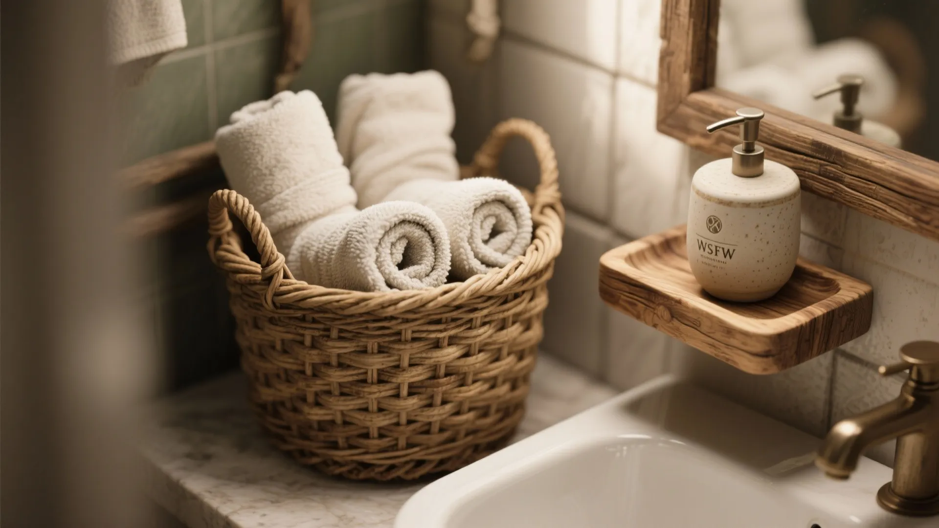 2. Natural textures: woven baskets and wood accents