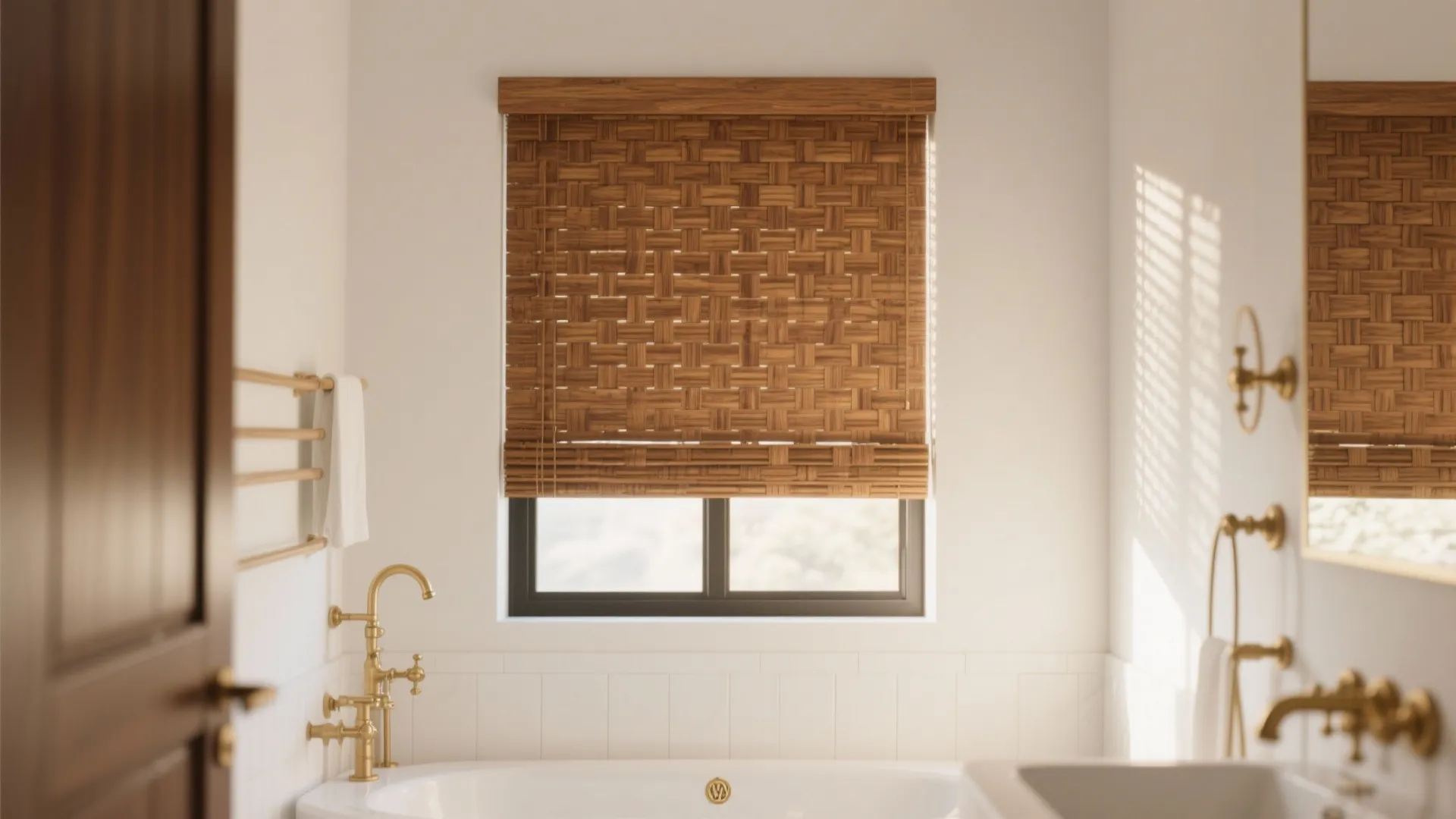 Bathroom window with warm-toned woven wood shades