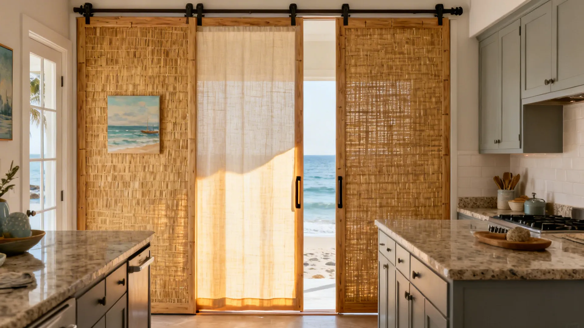 Coastal kitchen slider with woven wood bypass panels and light-filtering liner.