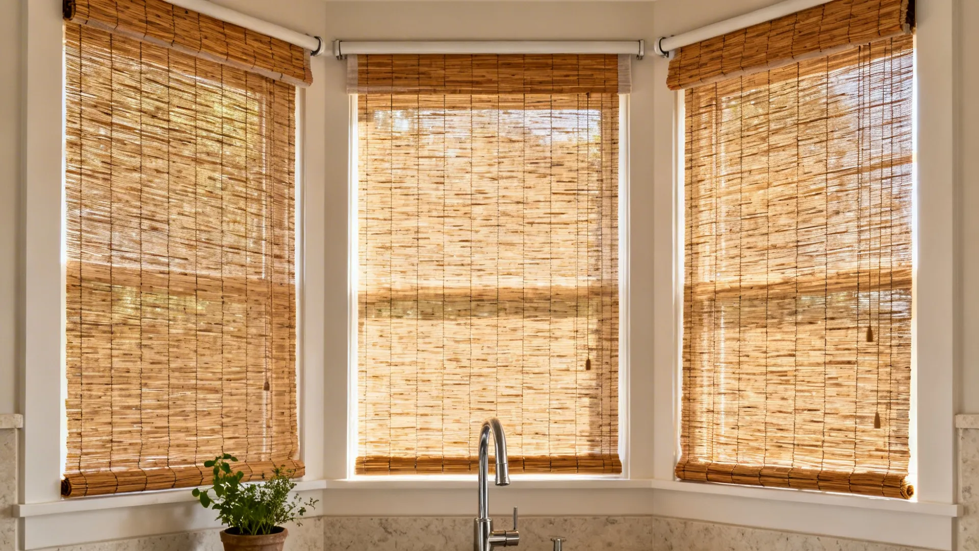 Macro view of woven wood bamboo shade with light-filtering liner in a kitchen bay.