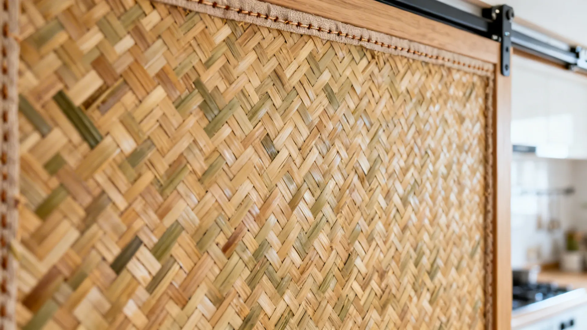 Close-up of bamboo grassweave panel with fine texture and edge binding.