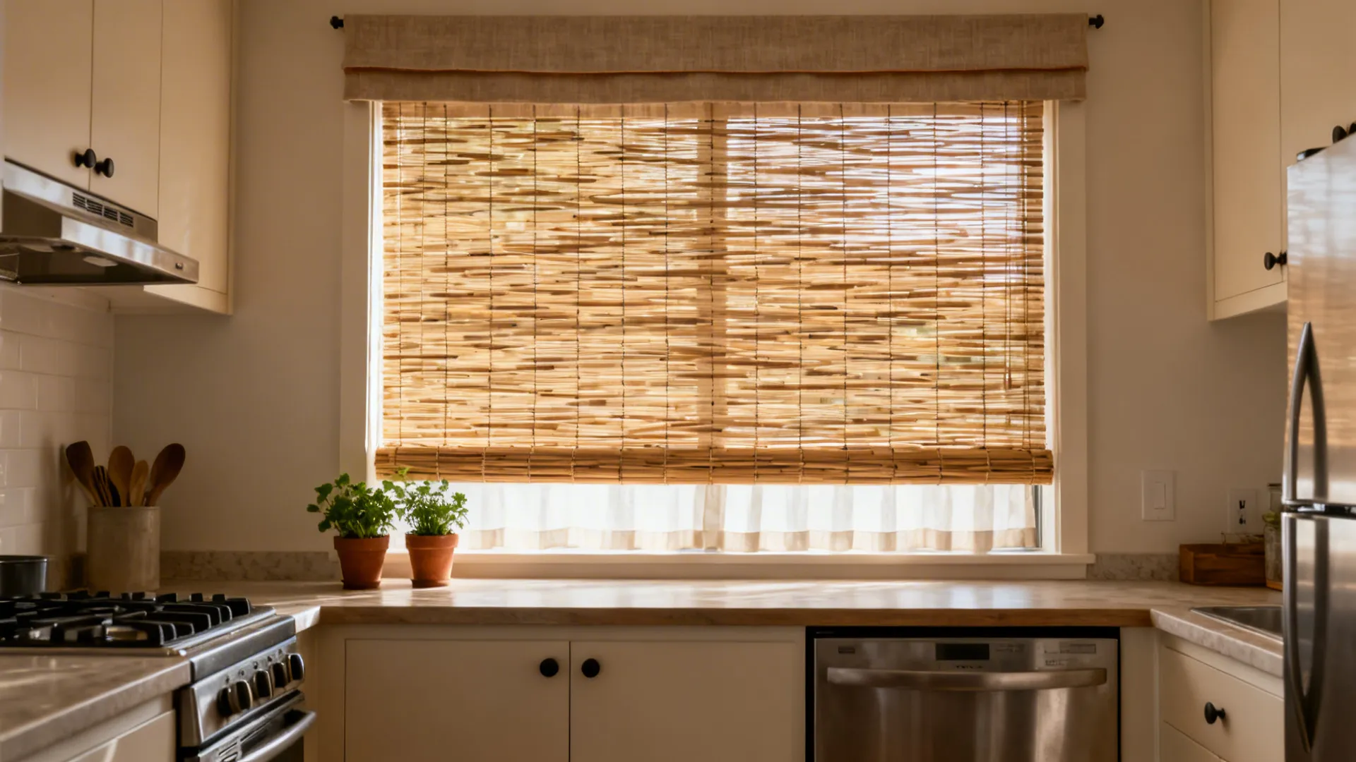 Small kitchen window with a woven wood bamboo shade and a slim fabric valance.