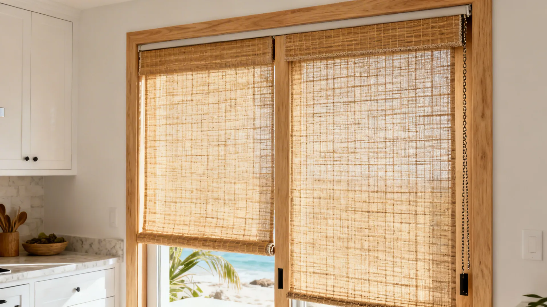 Woven wood shade with privacy liner adds warm texture to a white oak-accent kitchen.