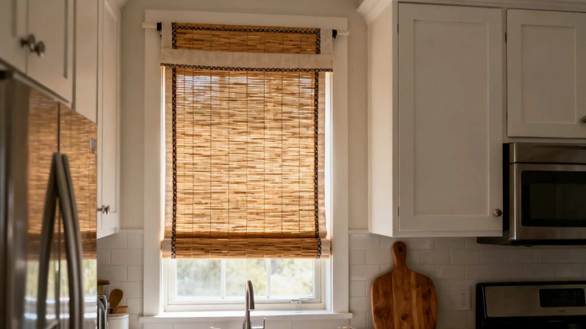 Small kitchen window with a warm bamboo woven wood shade and liner.