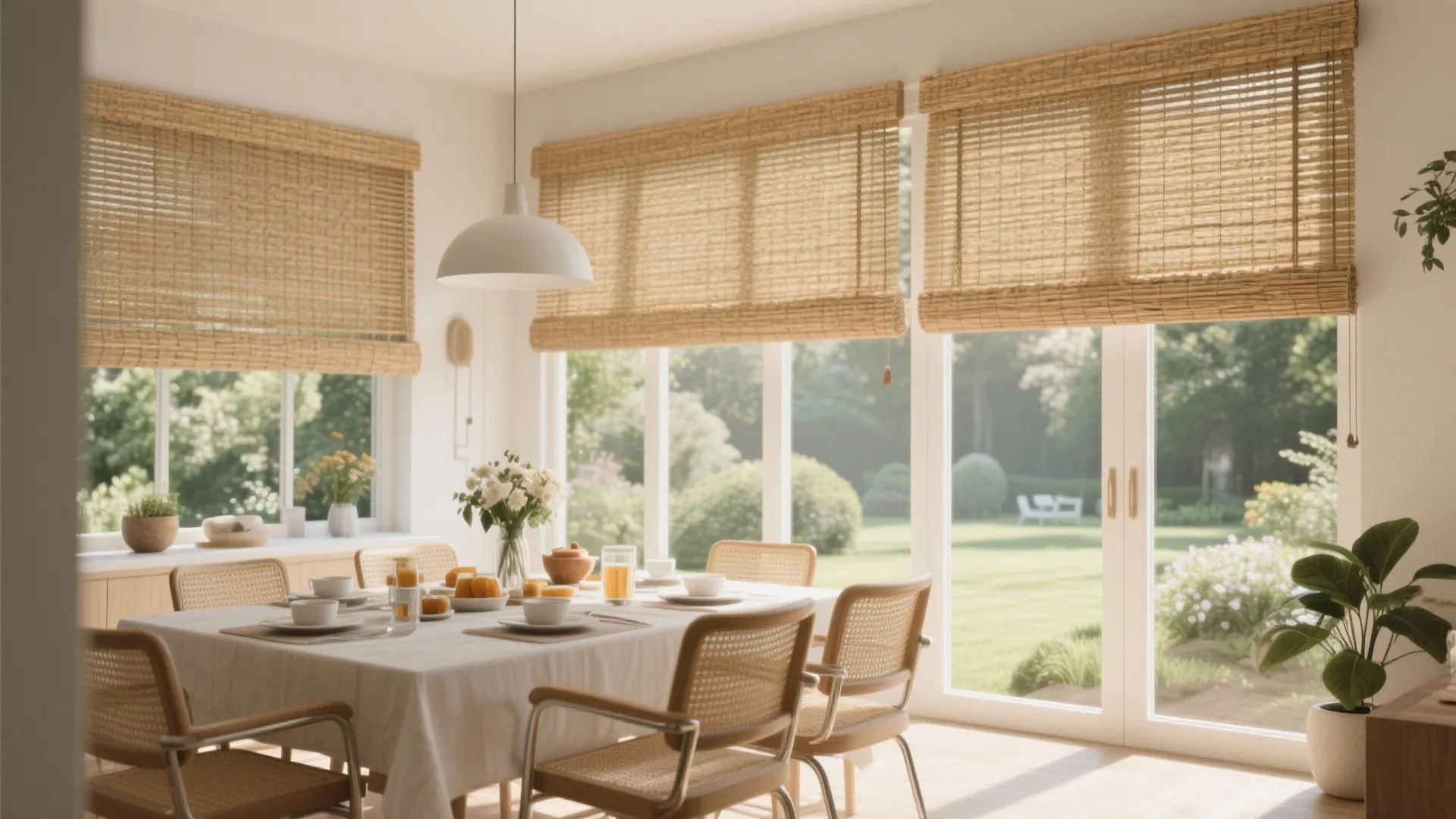Bright dining room with wooden chairs and table plus woven window shades and glass doors