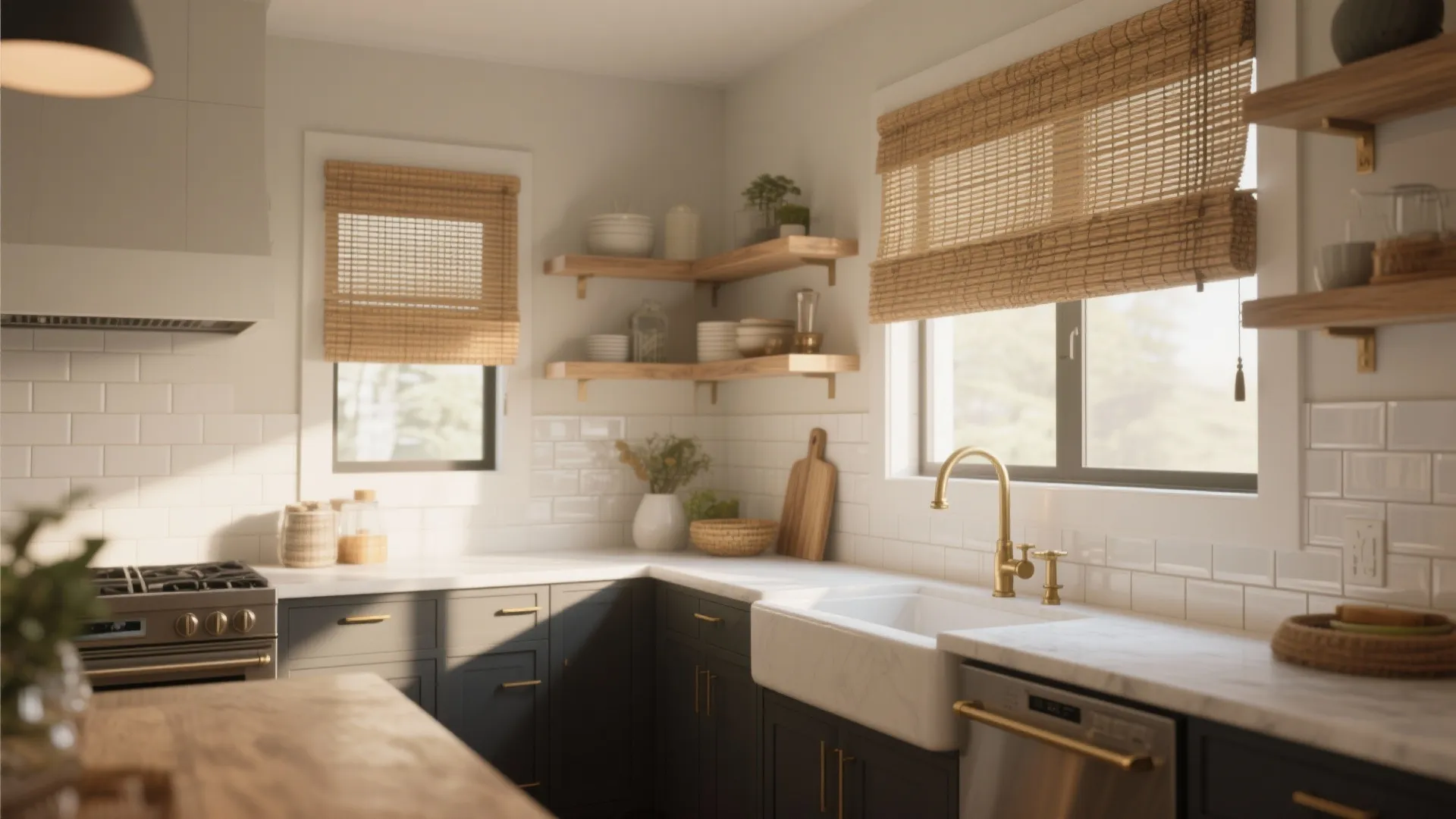 Modern kitchen with woven wood shades and brass details