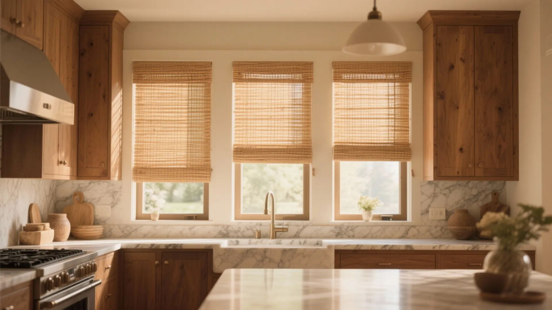 Rustic kitchen with wood cabinets marble countertops and woven wood shades on three sunny windows