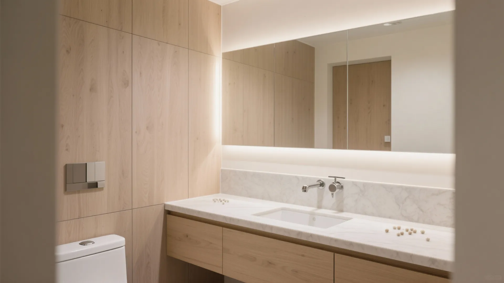 Minimalist bathroom with marble counter wooden cabinet large mirror light fixture and white toilet seat