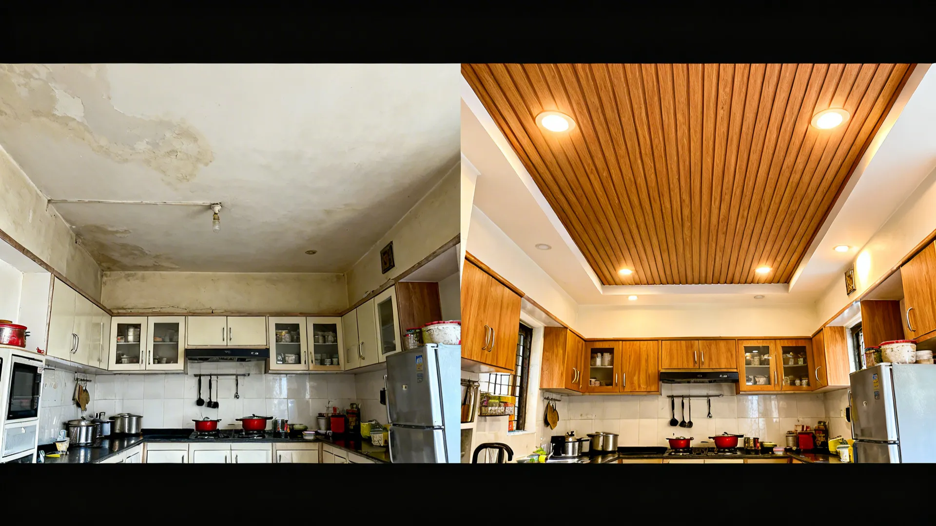 Before-and-after of a small kitchen ceiling upgraded from plain paint to WPC panels with warm downlights.