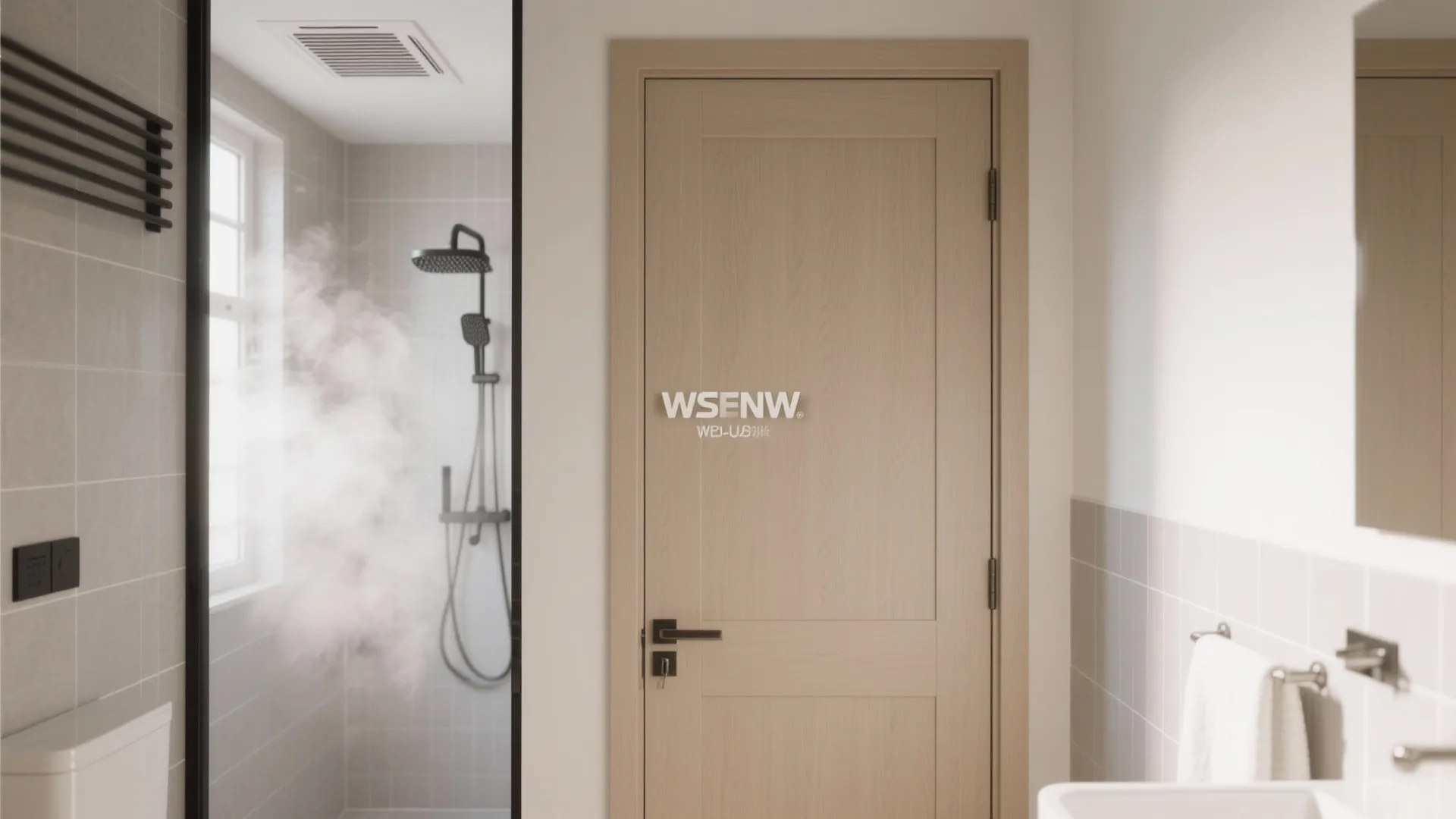 Light wood bathroom door placed next to a steamy shower room with black shower head