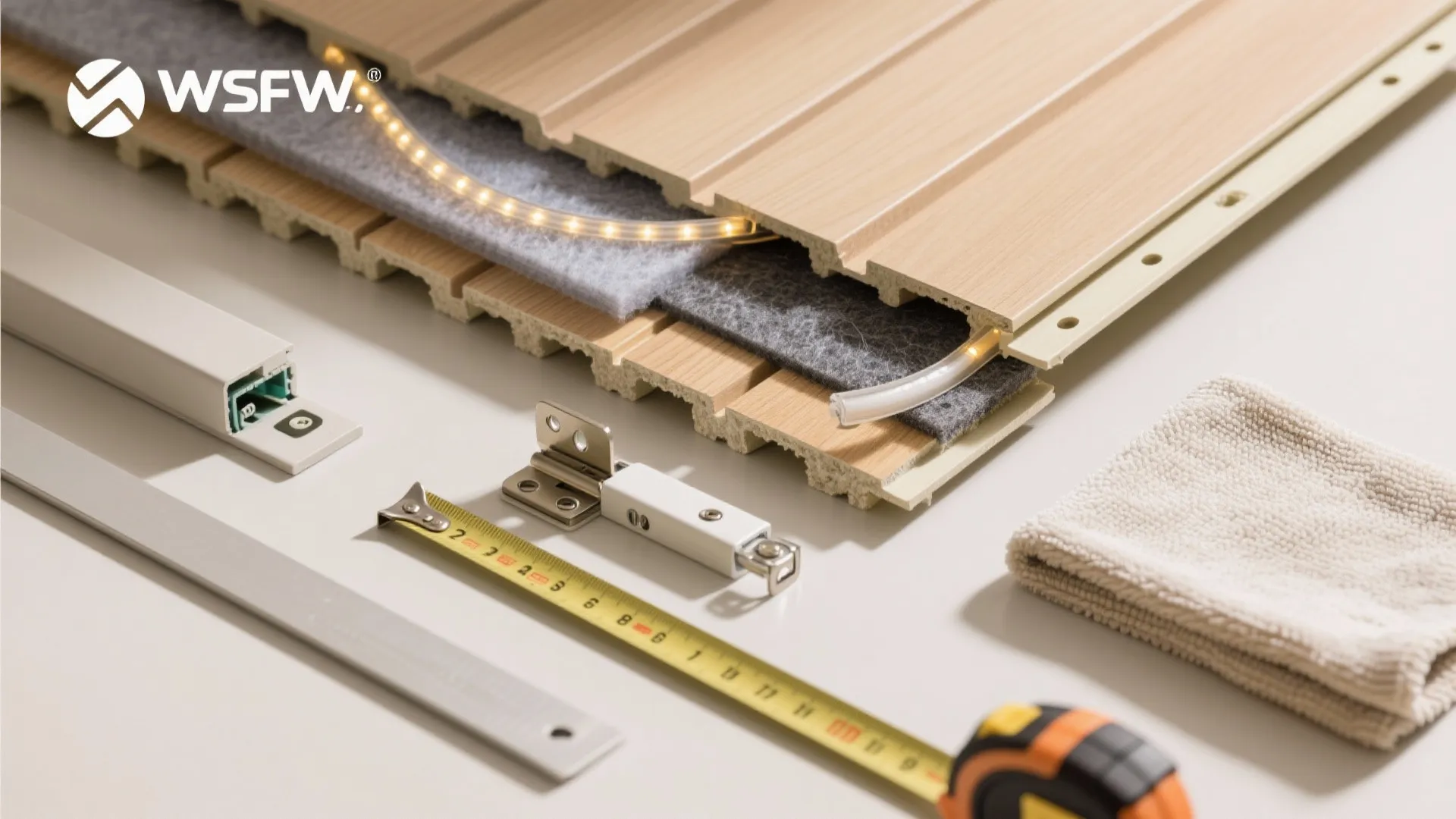 Interior design materials including wood wall panel light strip measuring tape and small metal tools