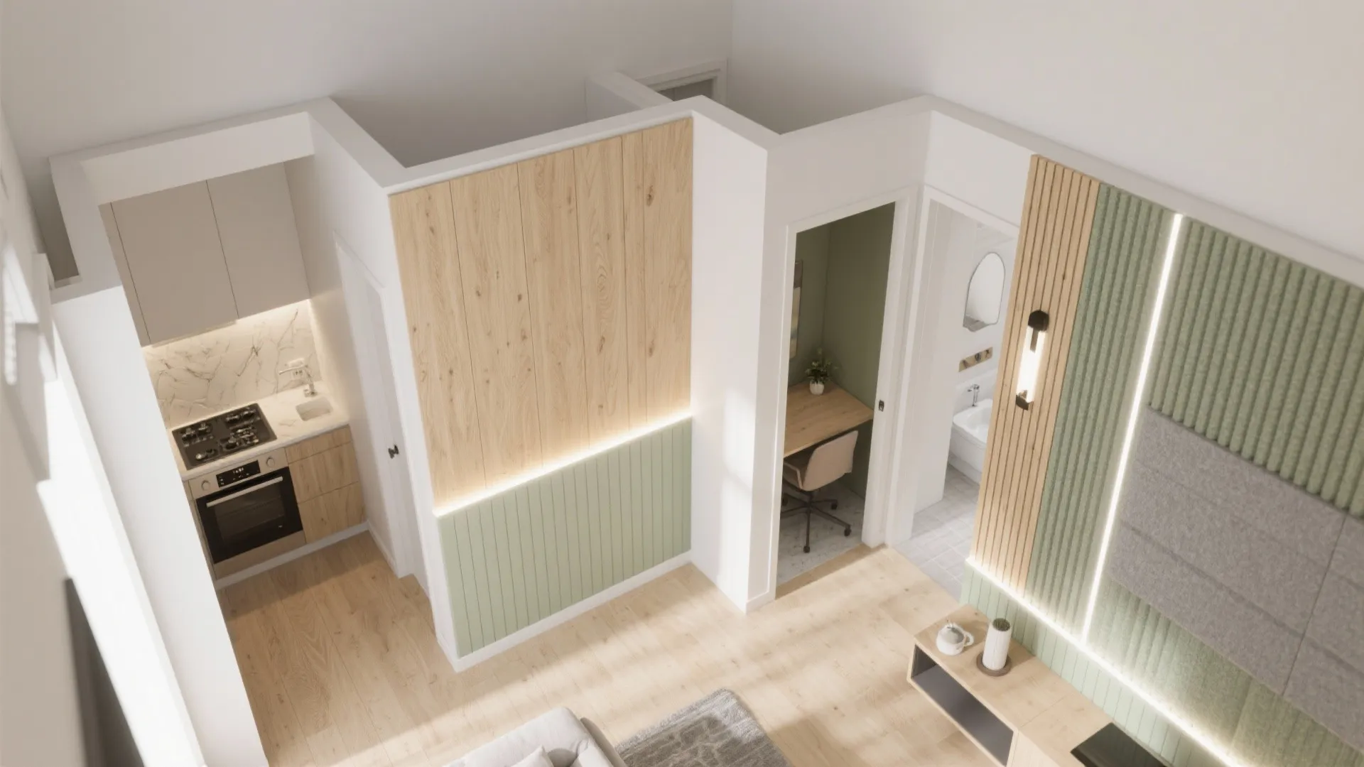 Top-down 3D apartment view highlighting recommended WPC zones for entry, living room, office nook, and dry bathroom walls.