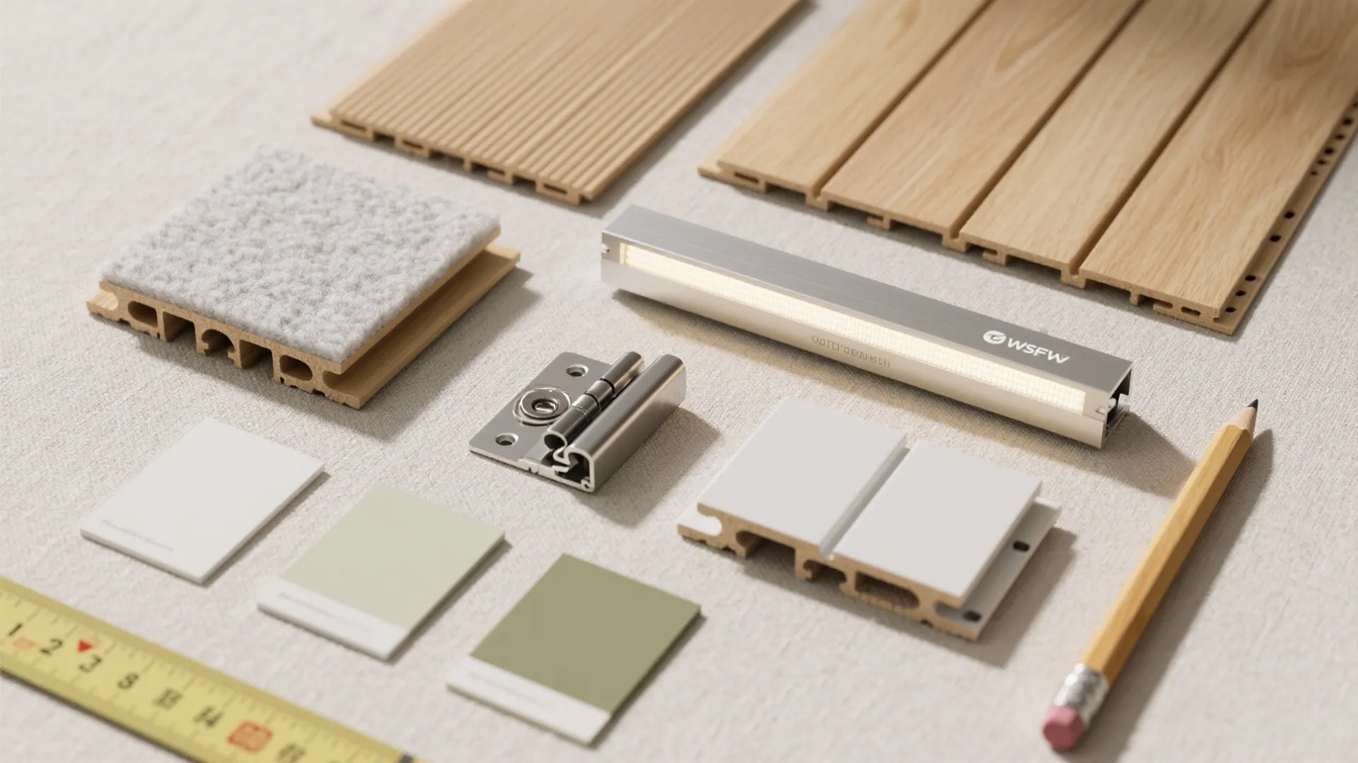 Top-down flat lay of WPC samples, acoustic felt, LED channel, trims, pivot hinge, and color chips on a neutral background.