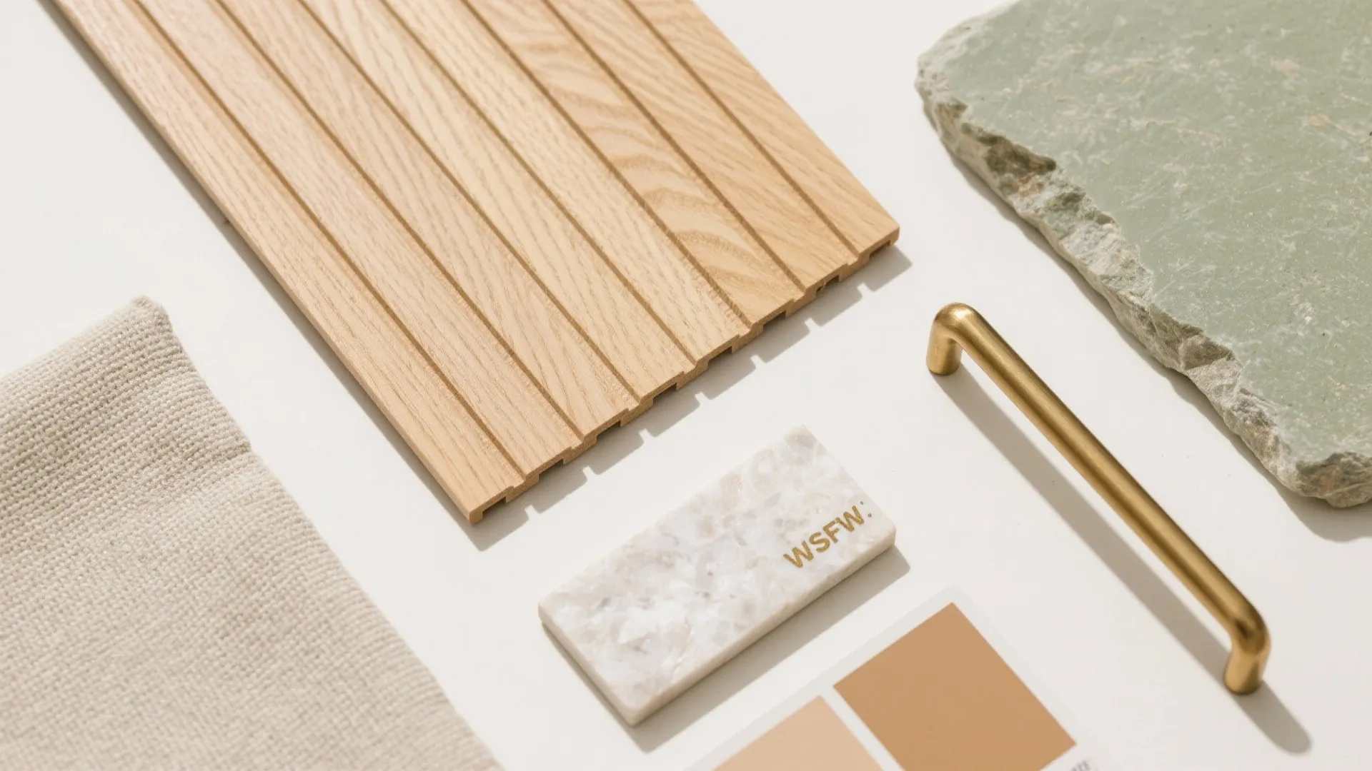 Interior design material samples showing wooden wall panel green stone gold handle and fabric swatches