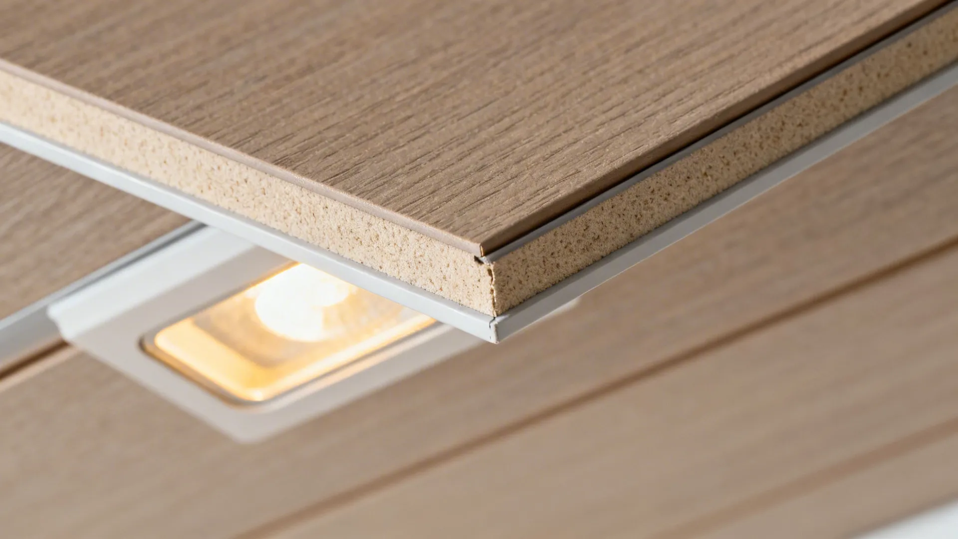 Macro of WPC ceiling panel seam with matte finish and downlight trim.