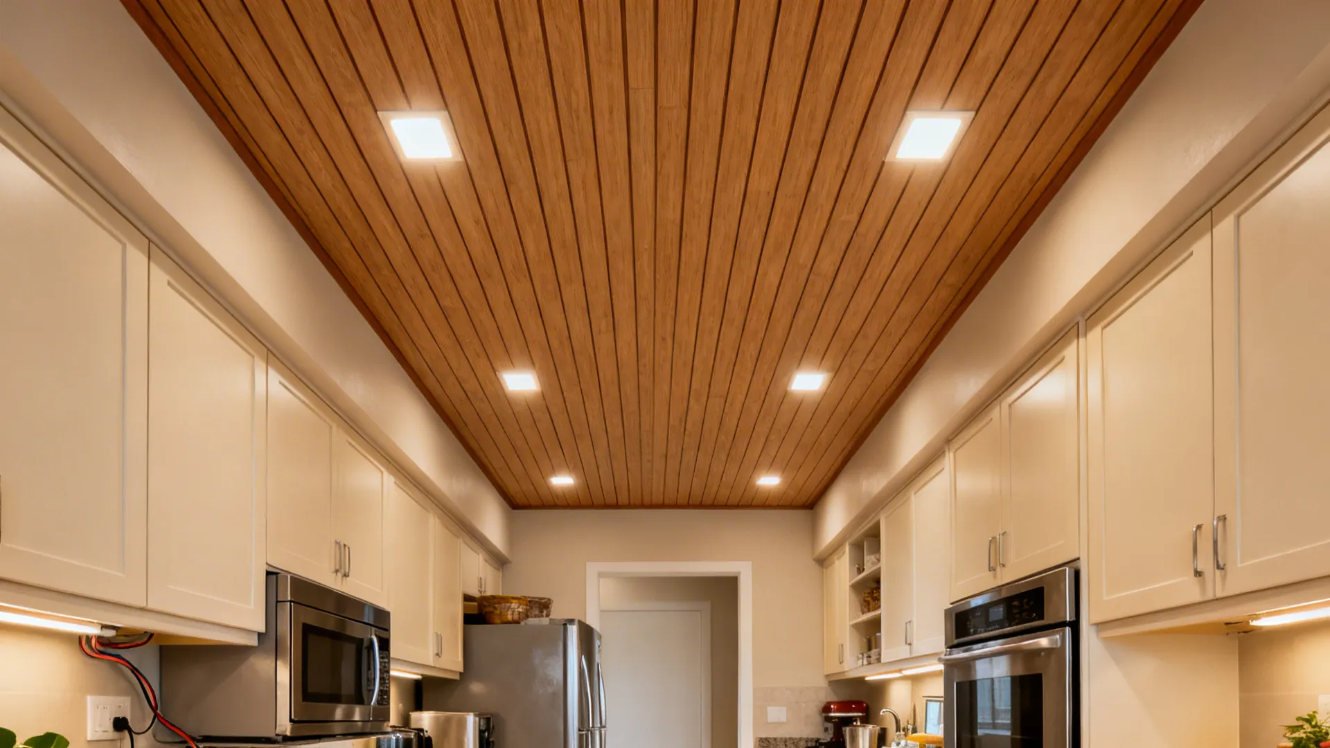 Indian galley kitchen with wood-tone WPC ceiling panels and warm downlights.