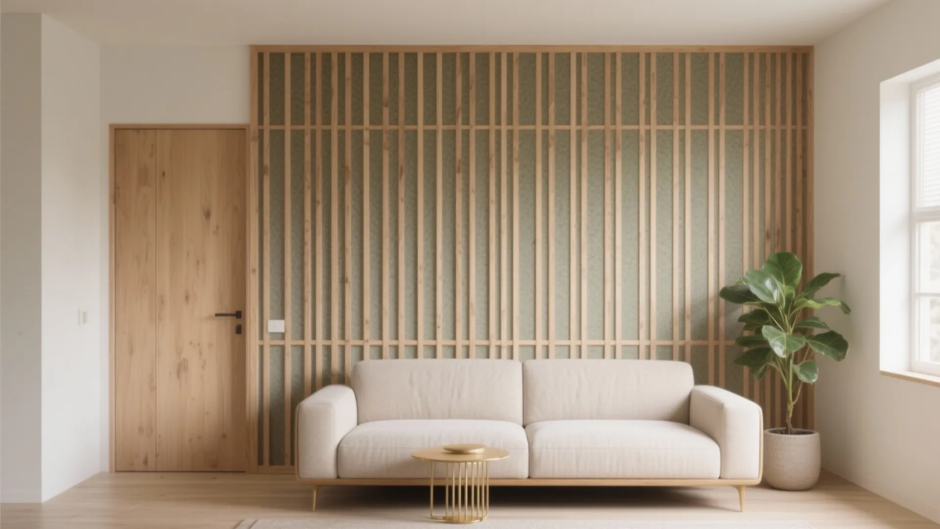 Modern living room featuring beige sofa gold coffee table green wall panel and potted plant