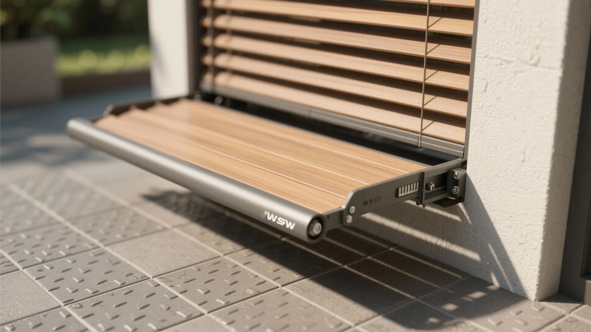 Close up of outdoor window with wood blinds and a brown shelf on a patio