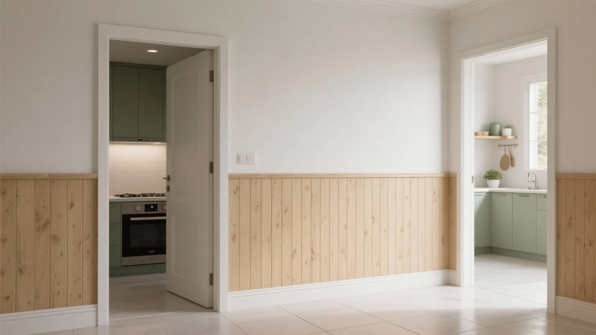 Half-height WPC wainscoting with capped trim protecting entry and kitchenette walls in a small home.