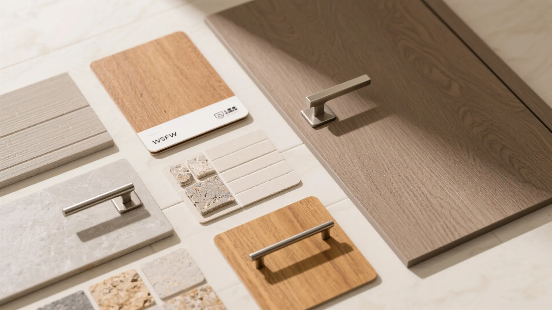 Flat lay of interior design material samples including wood panels stone tiles and metal handles