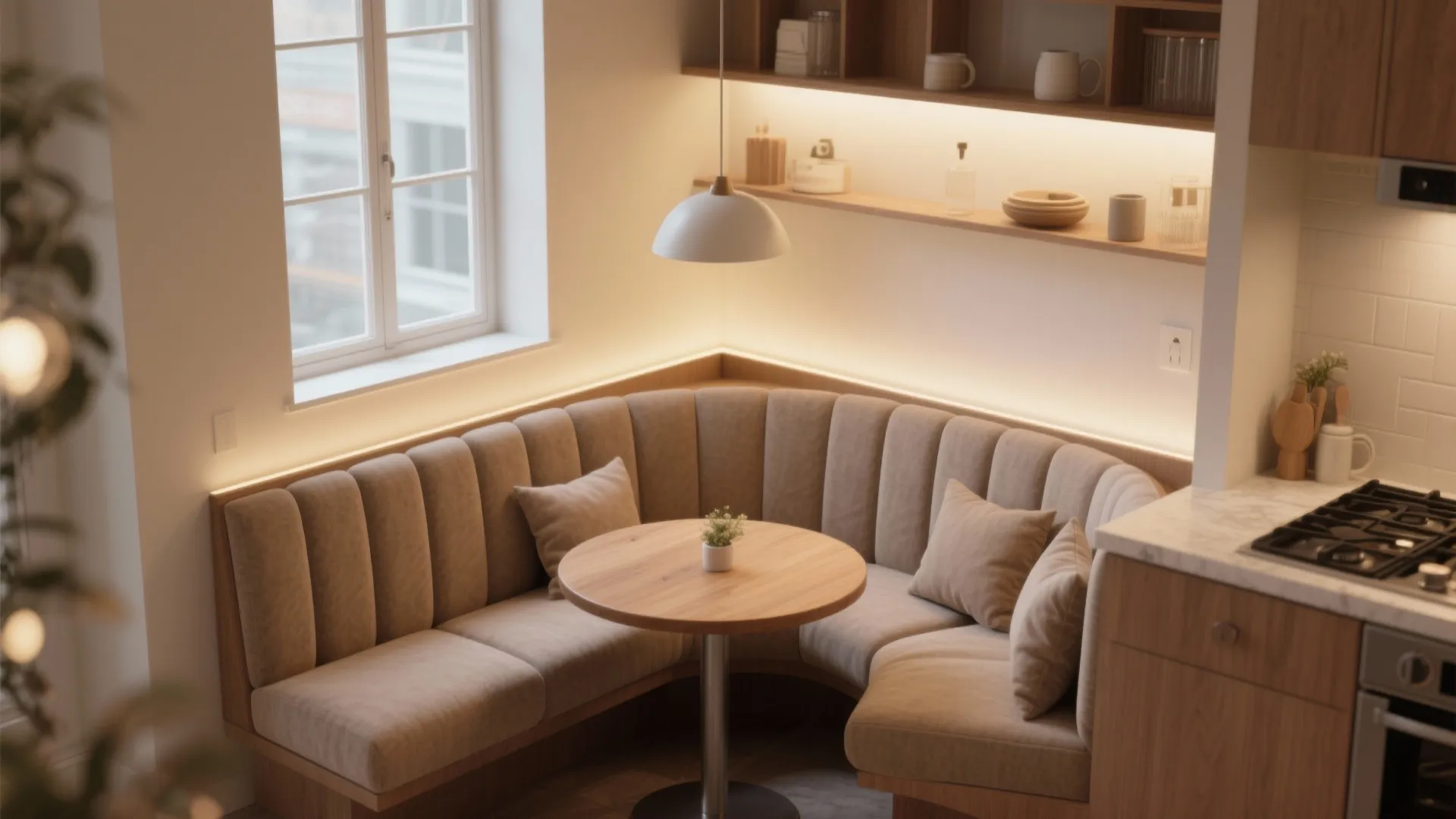 Corner wrap-around booth seating in a cozy kitchen nook