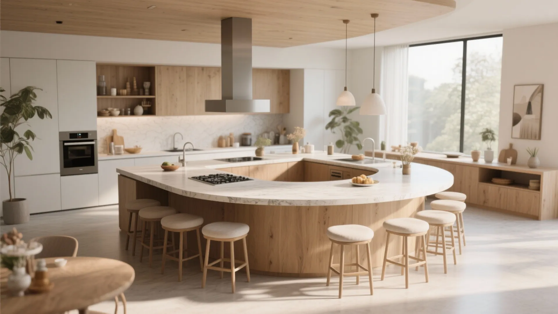 Large curved wooden kitchen island with marble countertop surrounded by several small round beige stools