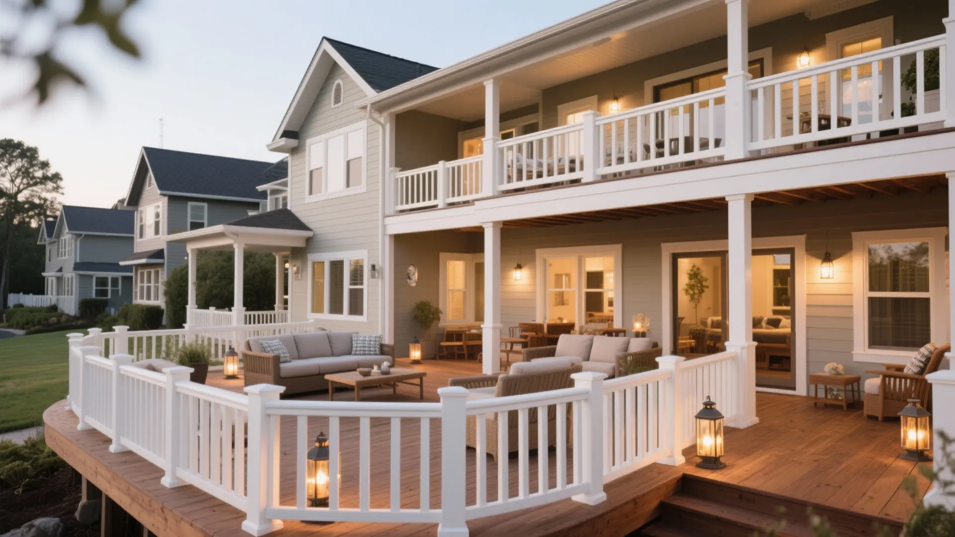 Wrap-around porch unifying tri-level exterior