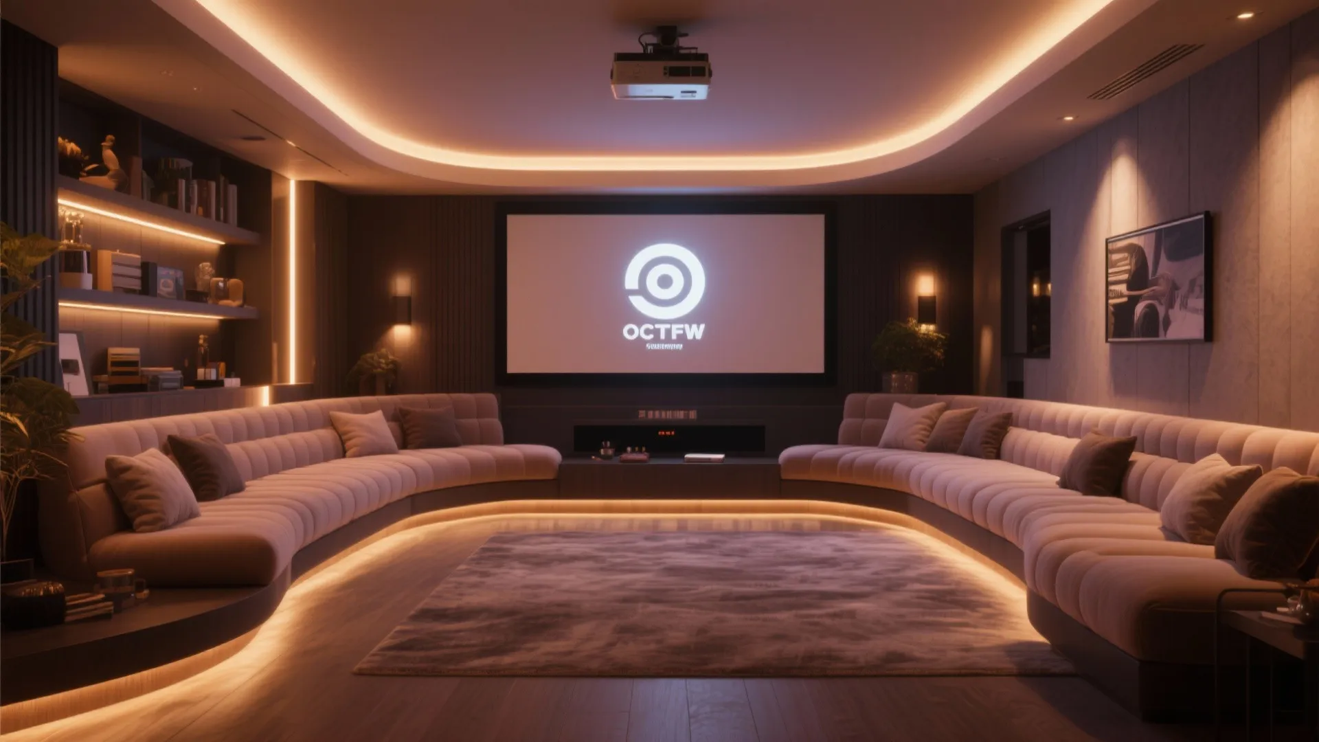 Modern home theater room with large sofa warm ceiling light projector screen and dark walls