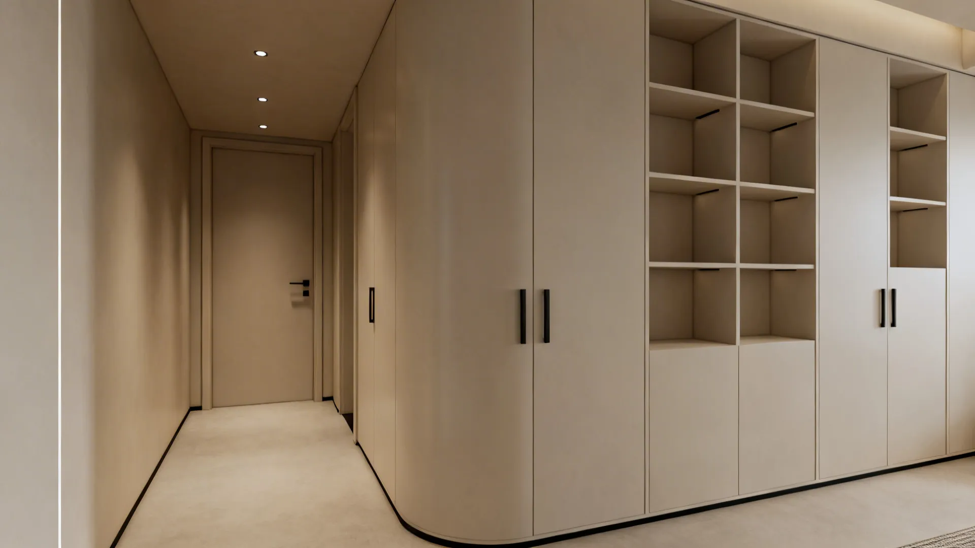 Built-in shelves wrapping from living room into hallway with recessed handles and integrated lighting.