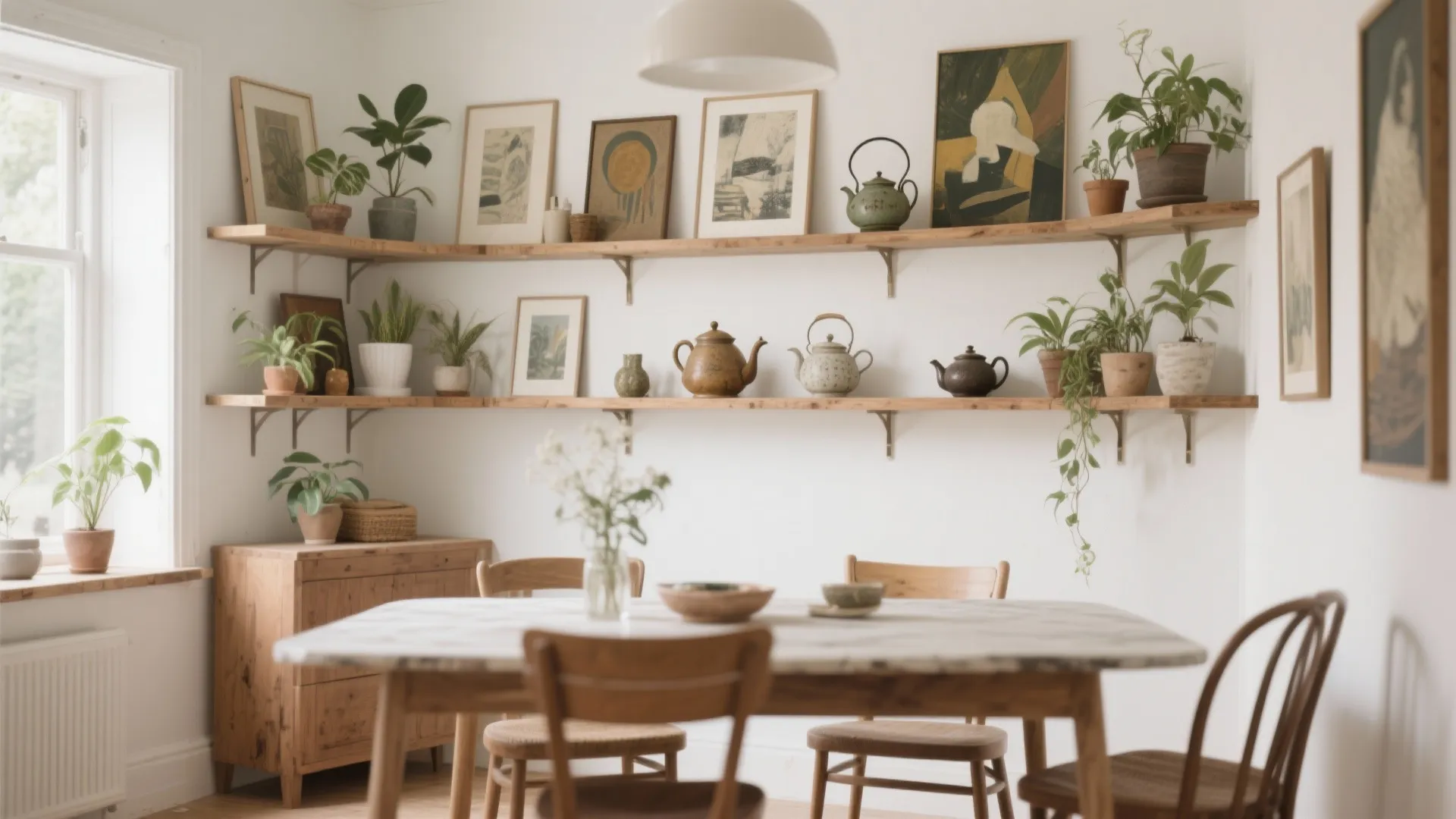 Upper-wall wrap-around shelving displaying plants and collectibles in a dining room.