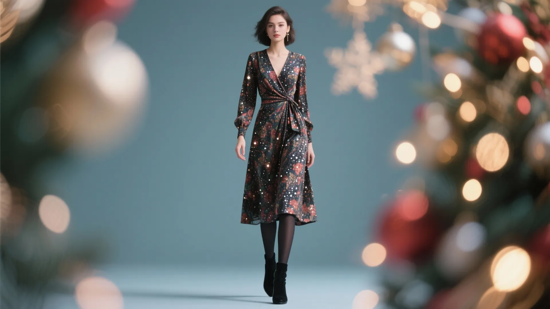 10. Festive Midi Wrap Dress with Ankle Boots